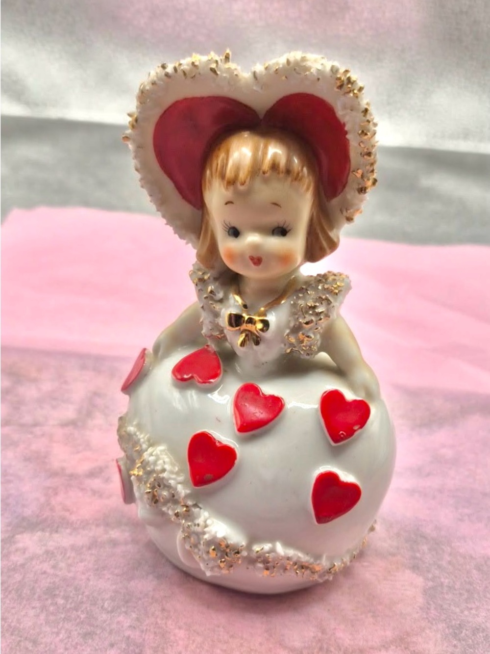 Vintage Lefton Bell - RARE MCM Valentine Girl White Dress Hearts & Sugared Trim